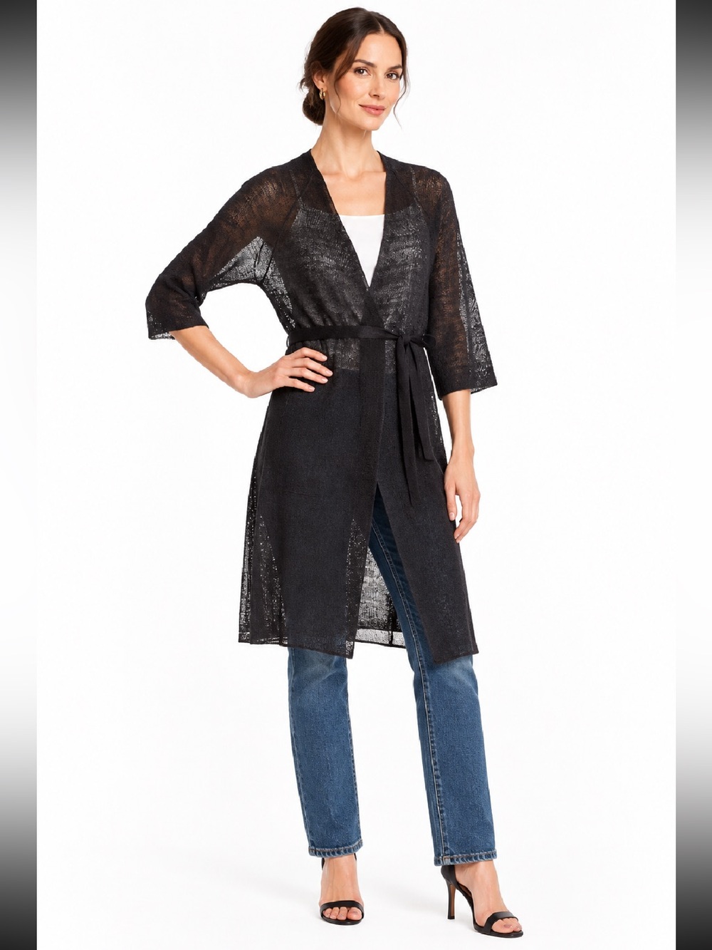 EILEEN FISHER ORGANIC LINEN Black Sheer Tie-Waist Long Cardigan Sweater ❤️❤️